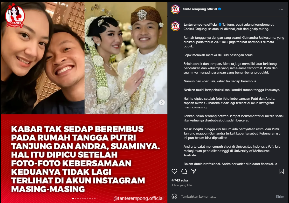 Putri Tanjung dan Guinanda Jatikusumo diisukan cerai.